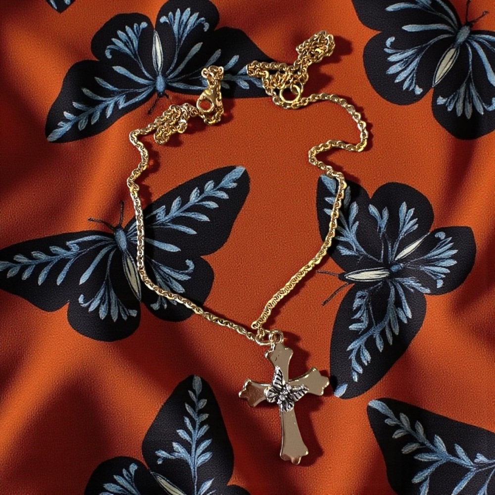 Gold and Silver Toned Cross and Butterfly Pendant Necklace - Picture 16 of 17